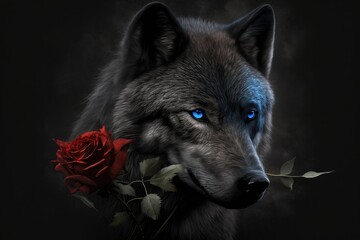 Sticker - a black wolf with a blue rose. Generative AI