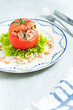 stuffed tomato North Sea shrimp, classic Belgian dish vertical with copy space 