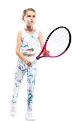 Wall Mural - Young female tennis player. Little girl posing with racket and ball isolated on white background.