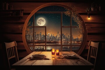 Sticker - A restaurant's rustic wooden table is set against a nighttime cityscape. Generative AI