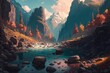 © AkuAku - The valley, river, mountains, and surroundings all have colorful backgrounds. Illustration. Generative AI