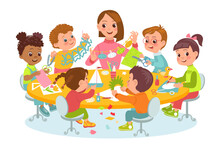 Children Make Paper Crafts With Teacher. Joint Creativity. Students Group At Table. Kids Carve Figurines. Boys And Girls Cut And Fold Pages. Kindergarten Lesson. Splendid Vector Concept