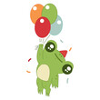 Cute little frog flying with balloons vector cartoon illustration isolated on a white background.