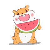 Fototapeta Dinusie - Cute hamster eating watermelon vector cartoon character isolated on a white background.
