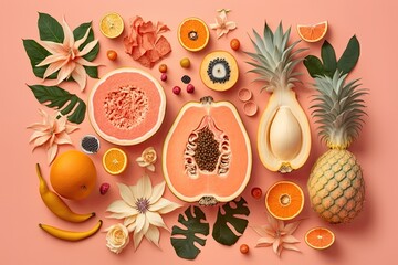 Canvas Print - Papaya, grapefruit, pineapple, orange, mangosteen, and flowers are arranged creatively over a pink backdrop. flat lie in the tropics. Summer fruit idea. Generative AI