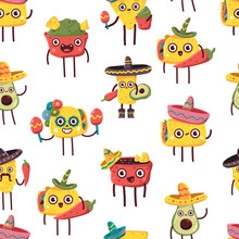 Cute Mexican Food Characters Vector Cartoon Seamless Pattern Background For Wallpaper, Wrapping, Packing, And Backdrop.