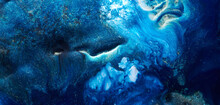 Luxury Abstract Background, Liquid Art. Blue Alcohol Ink With Golden Paint Streaks, Water Surface, Marble Texture