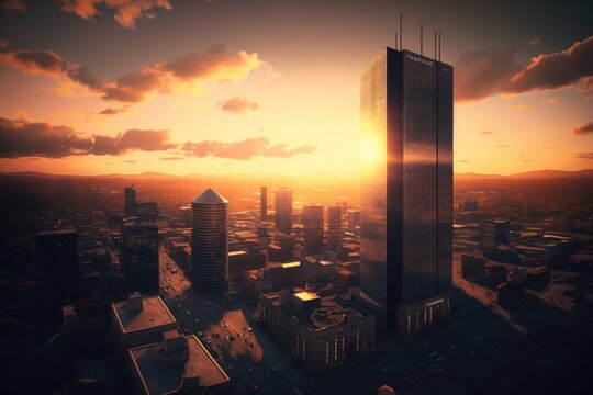 sunset view of manchester. the hilton hotel or beetham tower is centrally displayed throughout the e