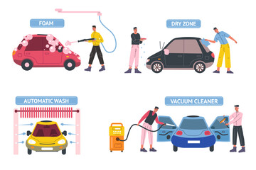 Self car wash service. People cleaning automobile windows and salon interior. Automatic water supply. Soap foam equipment. Dry and vacuum brushing. Transport care. Vector carwash set