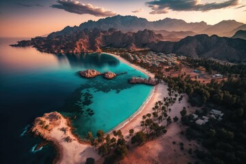 Canvas Print - Long beach, a bay, and a deep turquoise sea can be found in the Mediterranean village of Adrasan. mountains, a forest, and a dawn sky in the backdrop. drone assisted aerial view. Turkey's Antalya