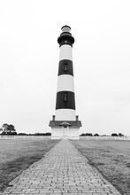 Bodie Island Lighthouse - Black And White - With Light-keeper's House And White Fence, Outer Banks, Nags Head, North Carolina, Cape Hatteras