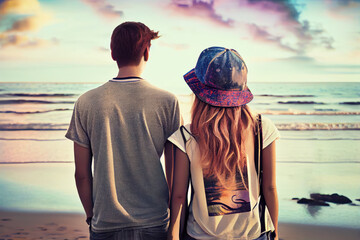 Wall Mural - Picture of romantic young couple on the sea shore. Back view. Summer vacation, holidays concept. Generative AI.