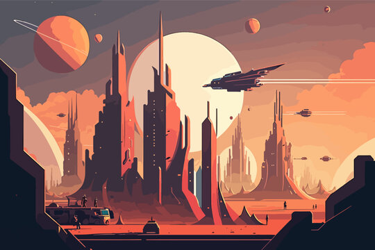 illustration of the futuristic technological city, vector flat eps 10