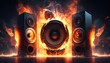 speakers surrounded by fire, burning speaker. Created with generative AI.