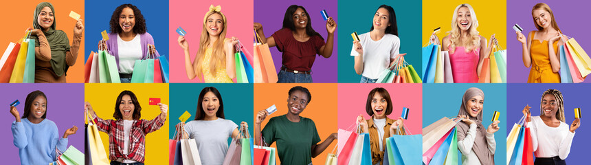 Wall Mural - Consumerism. Collage With Happy Multicultural Women Holding Shopping Bags And Credit Cards