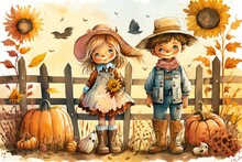 Illustration Of A Charming Boy And Girl Scarecrow In A Farmhouse In Watercolor, Together With A Pumpkin, Sunflowers, A Fence, And A Pumpkin Patch, In An Autumn Harvest Landscape. Autumn Thanksgiving B