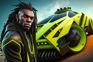 cool guy with dreadlocks, big car of the future in neon green, electric car