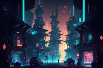 Wall Mural - Illustration of a neon mega metropolis with streetlights reflecting light onto buildings. Idea for a central commercial district and nightlife (CBD) theme of cyberpunk, technical backdrop. Generative