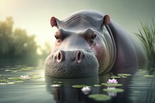 Portrait Of A Hippopotamus In Nature As A Digital Illustration (Generative AI)