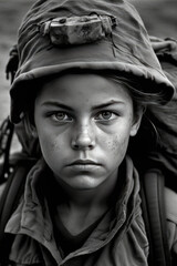 Wall Mural - little girl doing a cave tour, wearing a helmet for safety, black and white picture