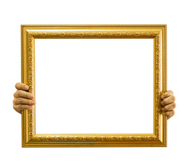 Wall Mural - Hand holding golden frame vintage style isolated on transparent background PNG file.