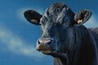 Portrait of a black angus heifer with a blue sky backdrop. Generative AI