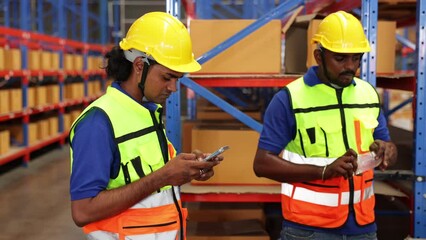 Wall Mural - Two Indian employees use their mobile phones to drink water during the break from work. Warehouse worker resting. Inventory and wholesale concept