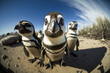 The four humboldt penguins look curious as they discover the hidden wildlife camera in the outdoors. Beautiful natural animal portrait with fisheye effect and selective focus. Made with generative AI.