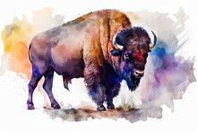 Wildlife Wonders: An American Bison In A Colorful Watercolor Painting Style At The Grand Canyon. Generative AI