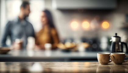 An empty kitchen counter worktop for product display. blurred people in the background. Generative ai