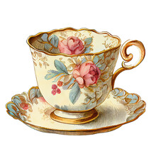 Vintage Teacup, Antique Cup Of Tea, Old Porcelain, Isolated On Transparent Background. Generative AI