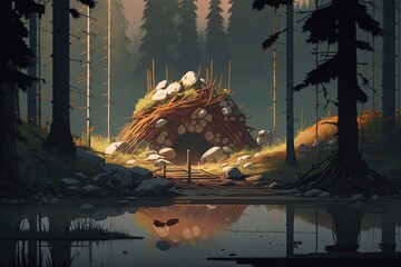 Wall Mural - Illustration of a forest landscape with beavers constructing a dam home. Generative AI