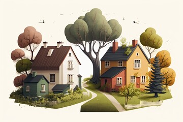 Illustration of a village with two houses. Generative AI