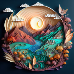 Wall Mural - Generative AI illustration image of stunning beautiful paper cut quilling craft landscape scene with colorful pastel soft colors and stunning design