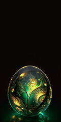 Canvas Print - 3D Render Of Green And Golden Fantasy Floral Or Forest Inside Crystal Egg Against Dark Background And Copy Space. Easter Concept.