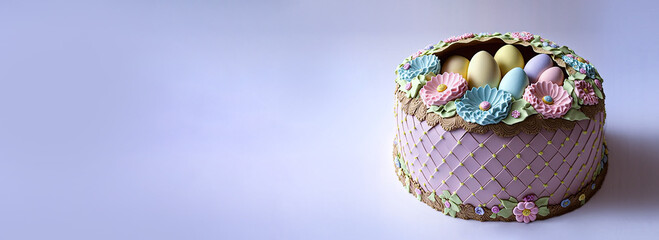 Sticker - 3D Render of Pastel Color Egg And Flowers Decorative Cake Against Purple Background And Copy Space. Happy Easter Concept.