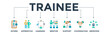 Trainee banner web icon vector illustration concept  for apprenticeship on job training program with icons set of intern, apprentice, learning, mentor, support, cooperation and improved