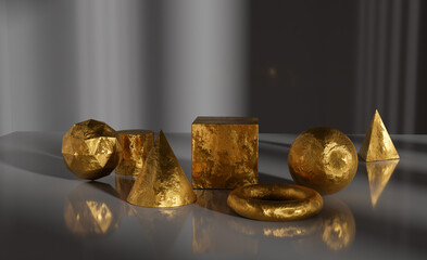 gold material in geometic object, abstract gold element in dark room, 3d illustration rendering