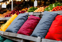 AI Generated Multicolored Rows Of Pillows Of Ripe Fruits In Market
