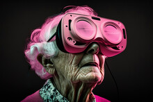 Generative AI Image Of Senior Woman In Virtual Reality Headset