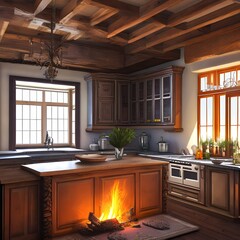 Wall Mural - 4 A cozy kitchen with a fireplace 3, Generative AI