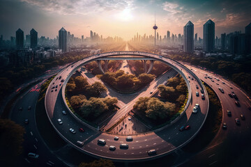 Wall Mural - Top view of car traffic on multi-lane highways or expressways, traffic in roundabouts is part of everyday life. AI generated illustration.