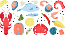 Seafood Cartoon Flat Product. Drawn Lobster And Rosemary, Fish Lemon, Salmon Steak. Healthy Sea Raw Ingredients, Crab And Shrimp, Decent Abstract Clipart