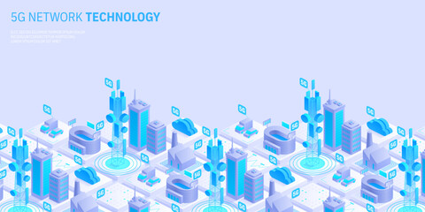 Wall Mural - 5g network technology concept. Wireless mobile telecommunication service. City buildings with telecommunication towers. Marketing website landing template. Isometric vector illustration.