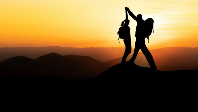 Fototapete - Silhouette of hikers couple mountains forest woods in the morning, landscape panorama, hiking adventure travel success background