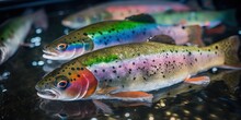 Rainbow Trout Swim In An Aquarium At A Fish Farm, Generative AI