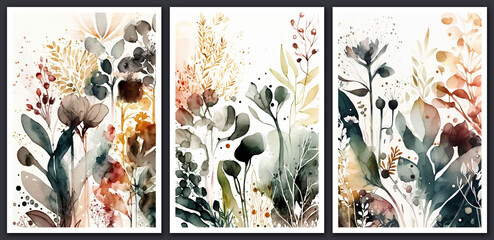 Wall Mural - Watercolor floral backgrounds set. Modern loose watercolor.