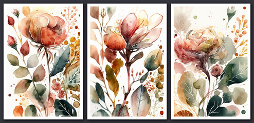 Wall Mural - Watercolor floral backgrounds set. Modern loose watercolor.