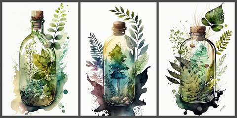Wall Mural - Natural cosmetics concept. Bottles with flowers and plants inside. Watercolor illustration.