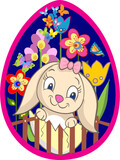 Fototapeta  - easter composition with easter egg, hare and colorful flowers